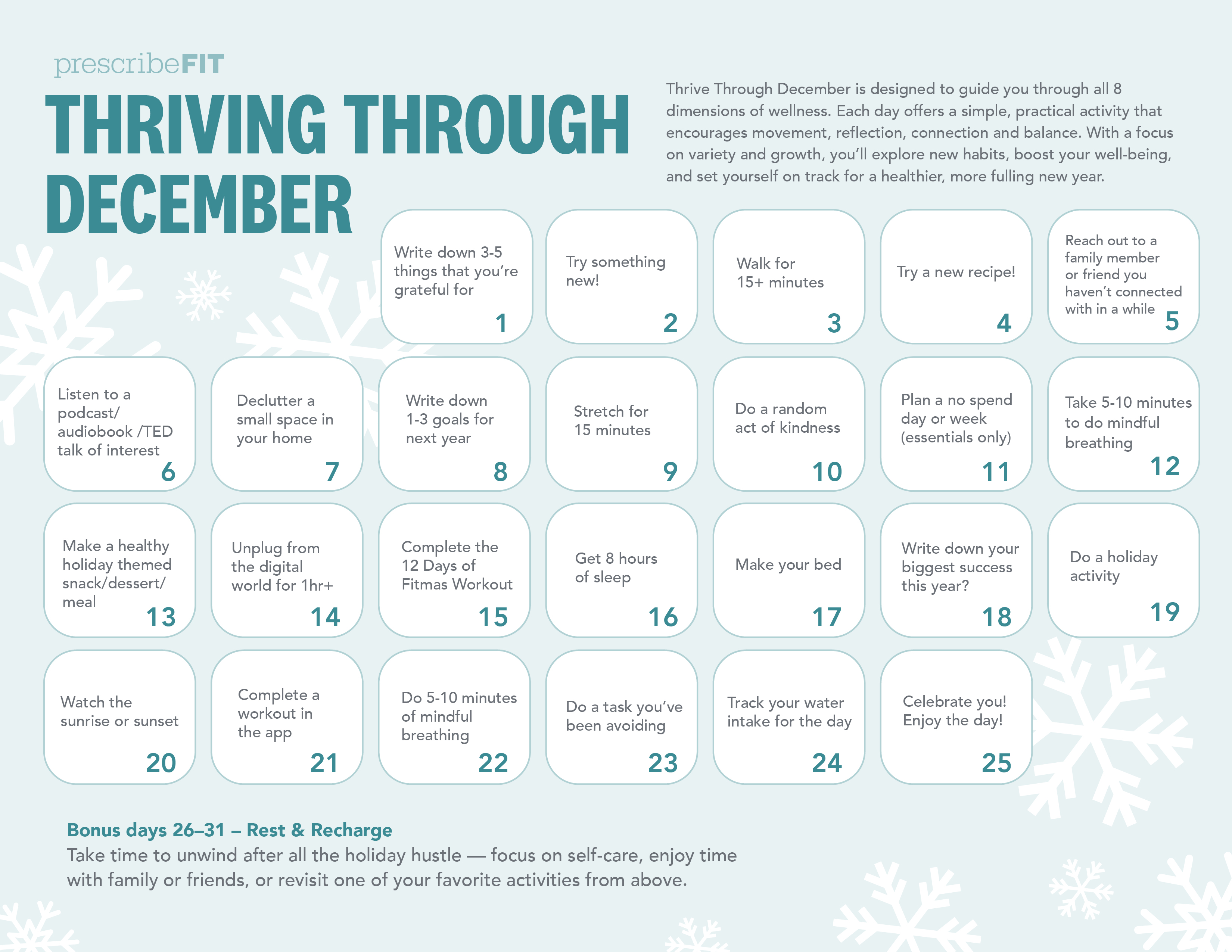 December Thriving Through December wellness calendar from Prescribe FIT