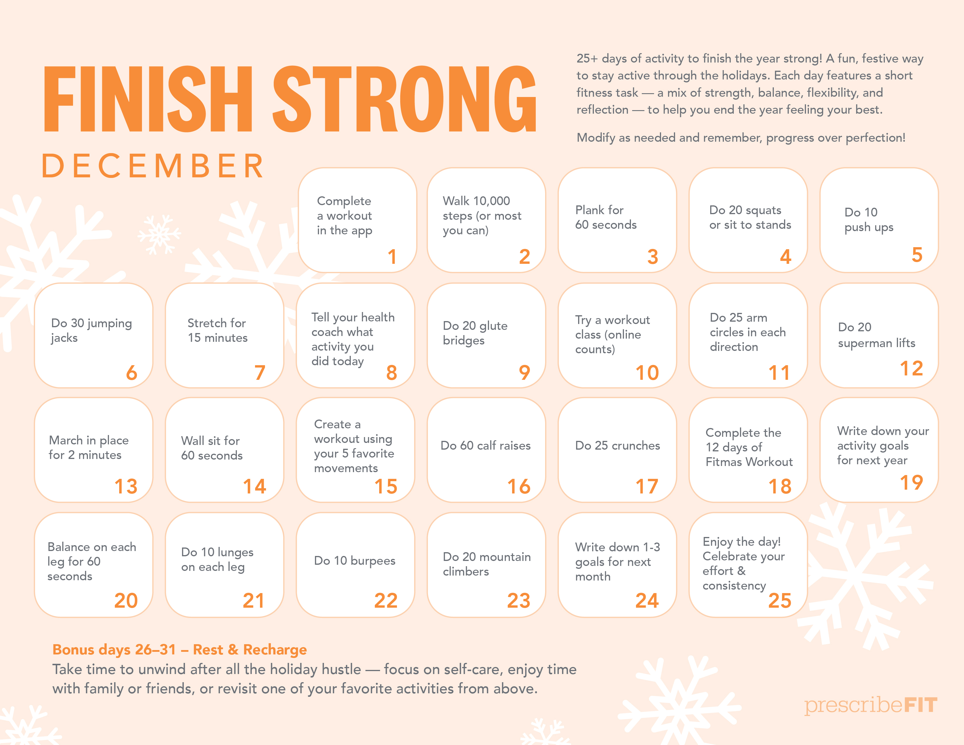 December Finish Strong workout calendar from Prescribe FIT