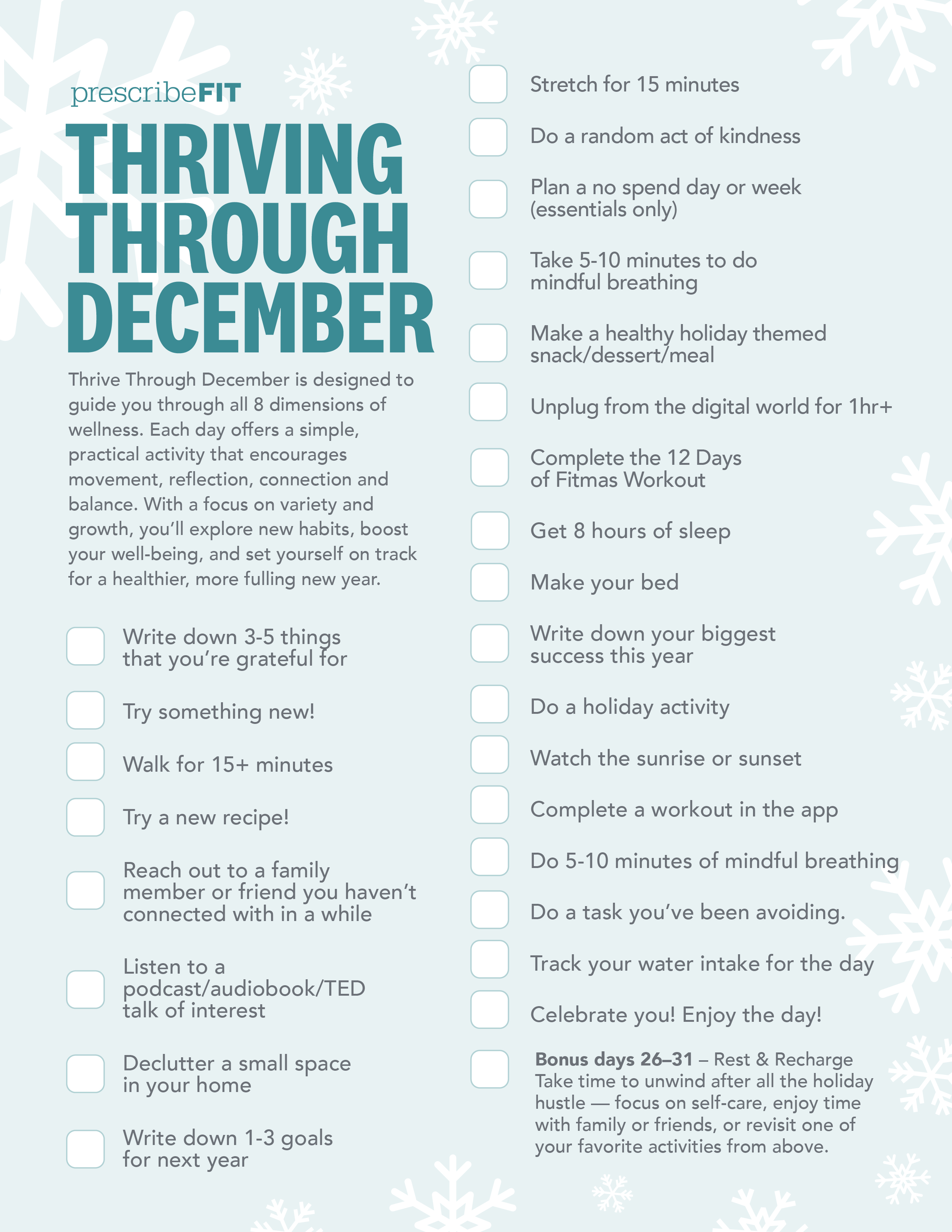 December Thriving Through December wellness checklist from Prescribe FIT
