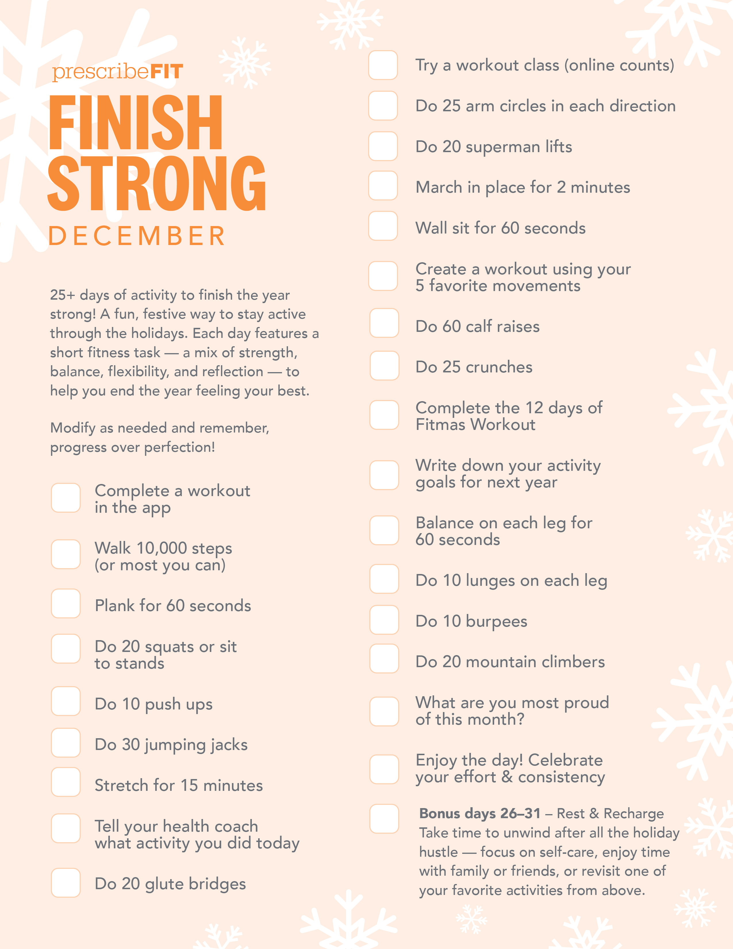 December Finish Strong workout checklist from Prescribe FIT
